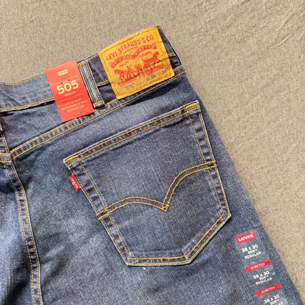 Levis 505 Regular Fit Straight Leg Jeans Mens 38x30 Blue 2-Way Stretch